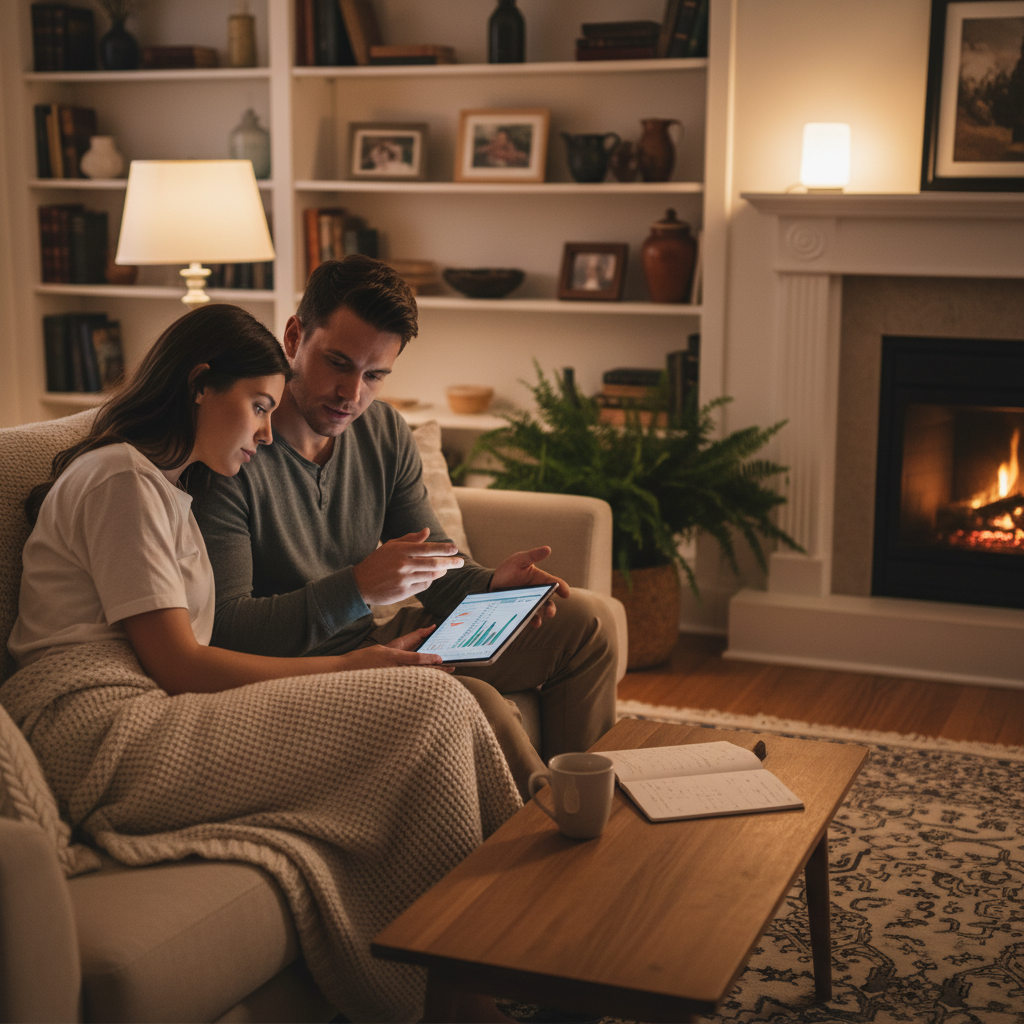 A cozy living room scene with a young couple discussing finances over a tablet, warm lighting, rich background, lifestyle photography, no text