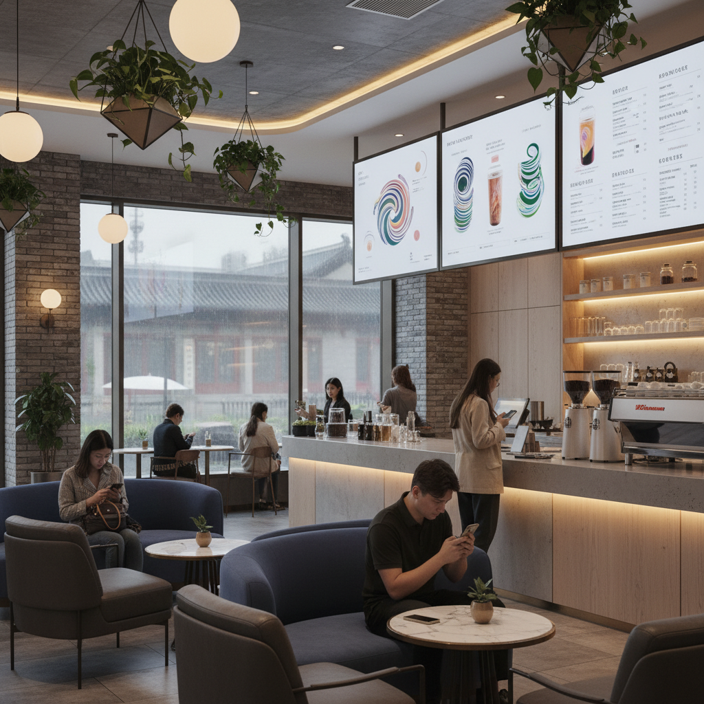 Modern and stylish interior of a high-end cafe in Beijing, digital menu boards showing creative drinks, people using smartphones to order, clean infographic style, warm ambient lighting, no text