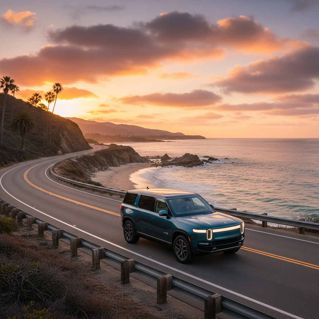 A sleek modern Rivian electric SUV driving on a scenic coastal road at sunset, warm natural lighting, high contrast, lifestyle photography, no text