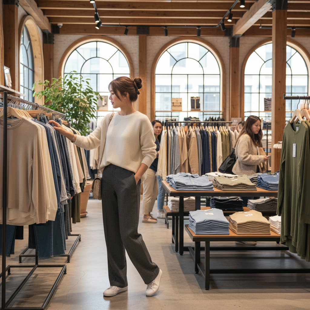 A stylish Korean woman browsing high-quality casual clothes in a modern Gap retail store, warm lighting, lifestyle photography, natural setting, rich background, no text