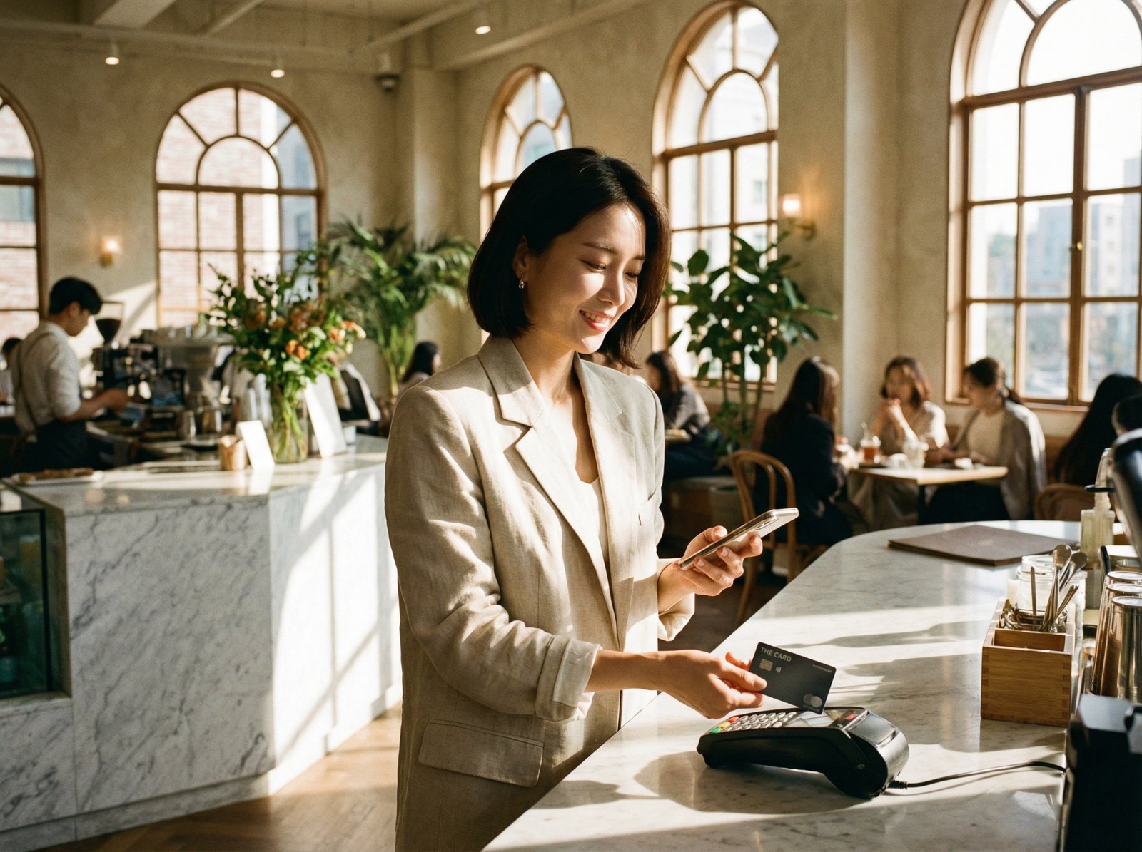 A stylish Korean woman making a mobile payment with a premium credit card at a high-end cafe, warm sunlight through windows, lifestyle photography, natural colors, 4:3