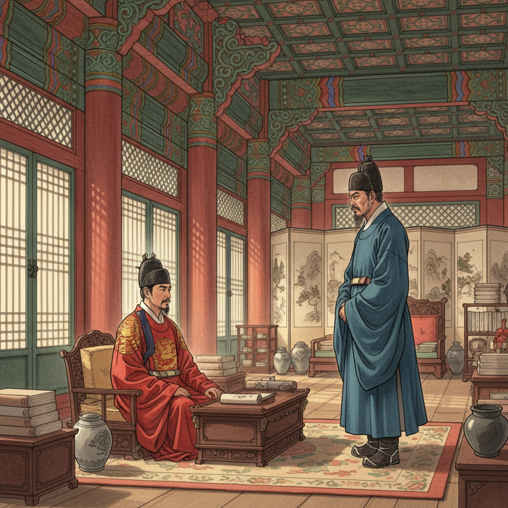 King Sejong discussing with a stern official in a grand palace hall, historical illustration, warm ambient light, rich textures, Korean Joseon era, no text