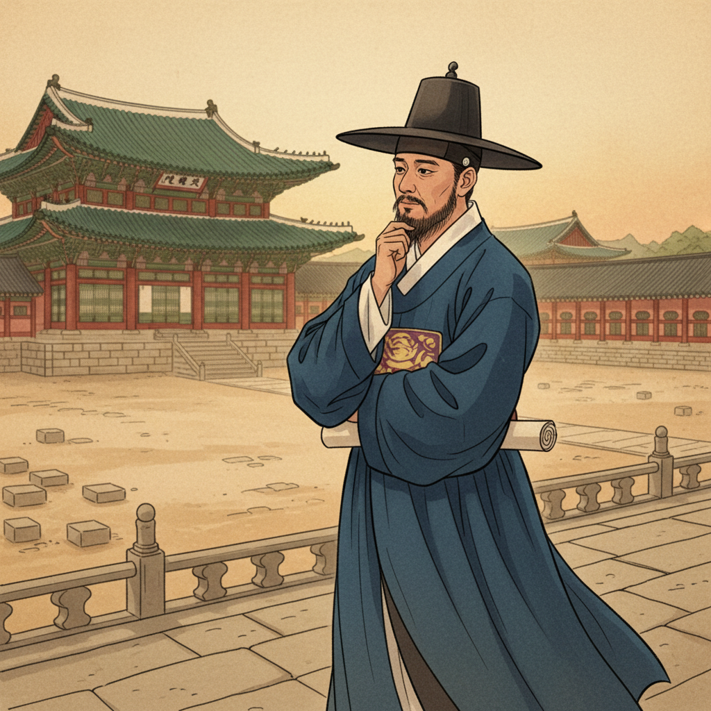 An artistic rendering of a historical Korean scholar (King Sejong style) looking thoughtfully at an empty space where a grand library (Jiphyeonjeon) should be. The background is a traditional Korean palace, but slightly blurred to emphasize the absence. Style: historical illustration, textured background. No visible text. Korean appearance. Bright, balanced lighting.