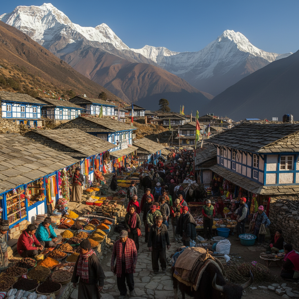 A bustling marketplace scene in Namche Bazaar, a Sherpa village in Sagarmatha National Park, with traditional Sherpa houses, people in local attire, and distant snowy mountains under a clear sky, warm lighting, vibrant cultural atmosphere, no text.