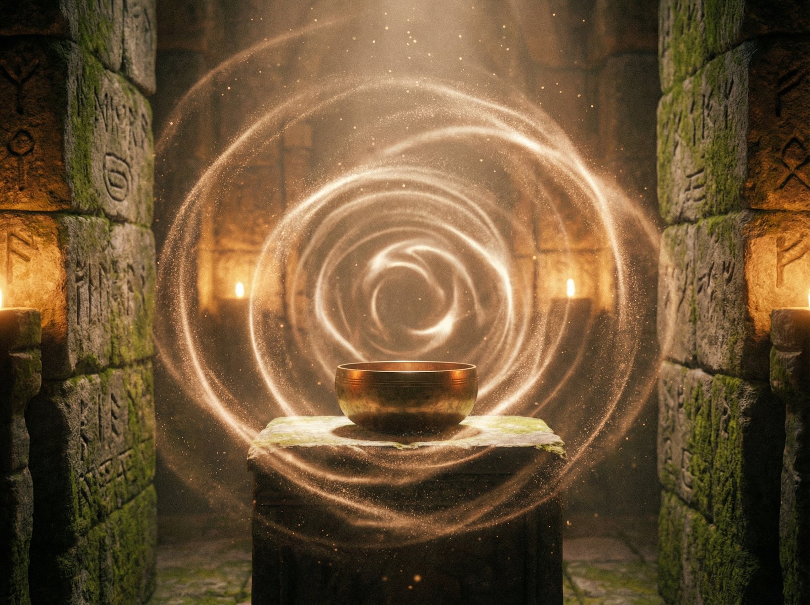Artistic depiction of sound waves resonating in a stone chamber, ancient mystical atmosphere, soft amber lighting, no text, 4:3 aspect ratio
