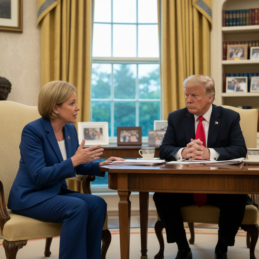 A dynamic, realistic portrayal of Susie Wiles and Donald Trump in a White House setting, focused on their interaction. The scene should convey a sense of a candid discussion, with warm, balanced lighting and a subtly textured background, no visible text. Aspect ratio 4:3.
