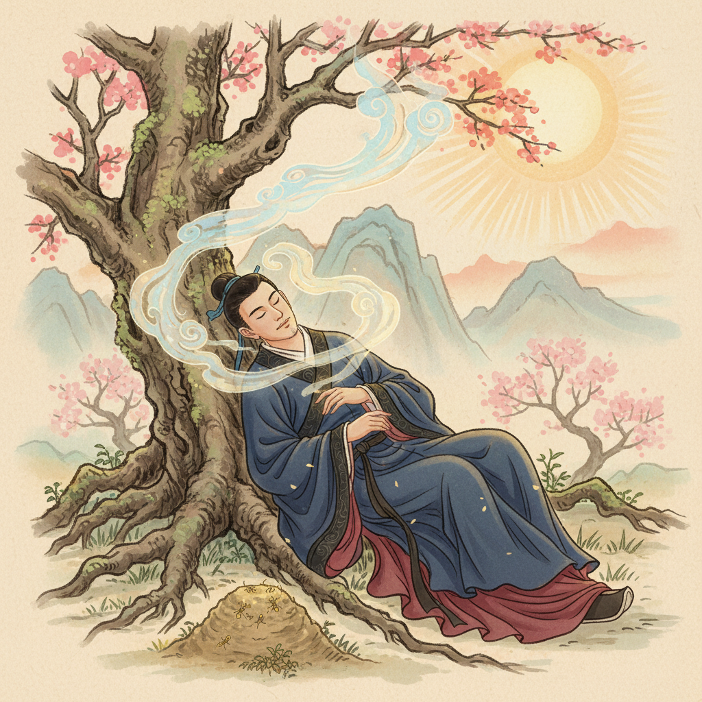 A man in ancient Chinese attire sleeping by an old tree, near a small anthill, in a dream-like state, illustration, artistic rendering, textured background, bright lighting, no text