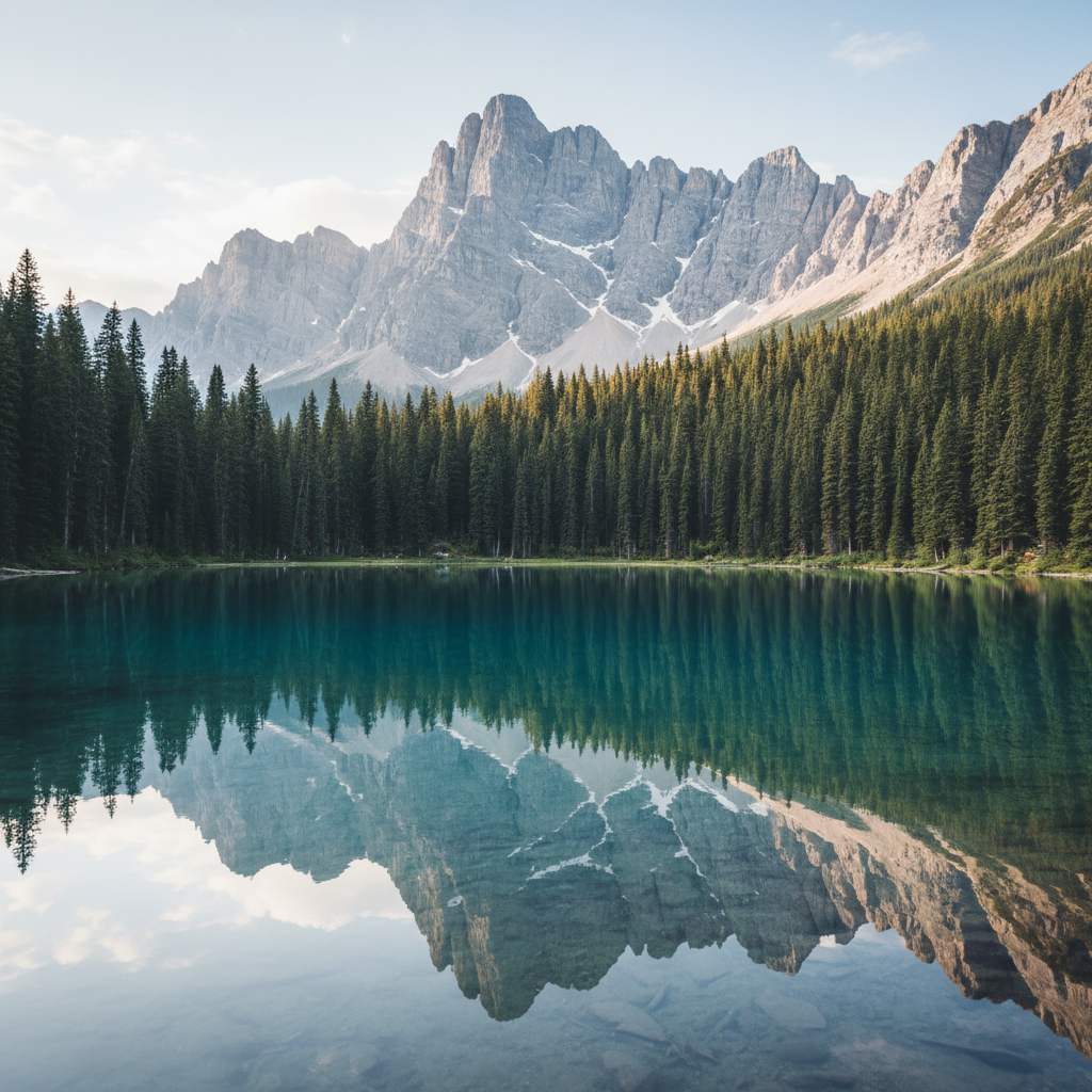 A crystal clear glacial lake surrounded by dense pine forest and high mountains, mirror reflection on water surface, peaceful natural setting, soft daylight, no text