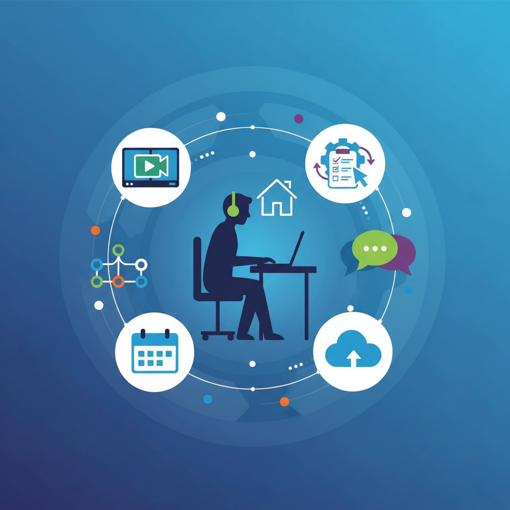A clean infographic showcasing various digital collaboration tools (e.g., video conferencing icons, project management apps) arranged around a central figure who is efficiently working from home. High contrast, modern layout, no text.