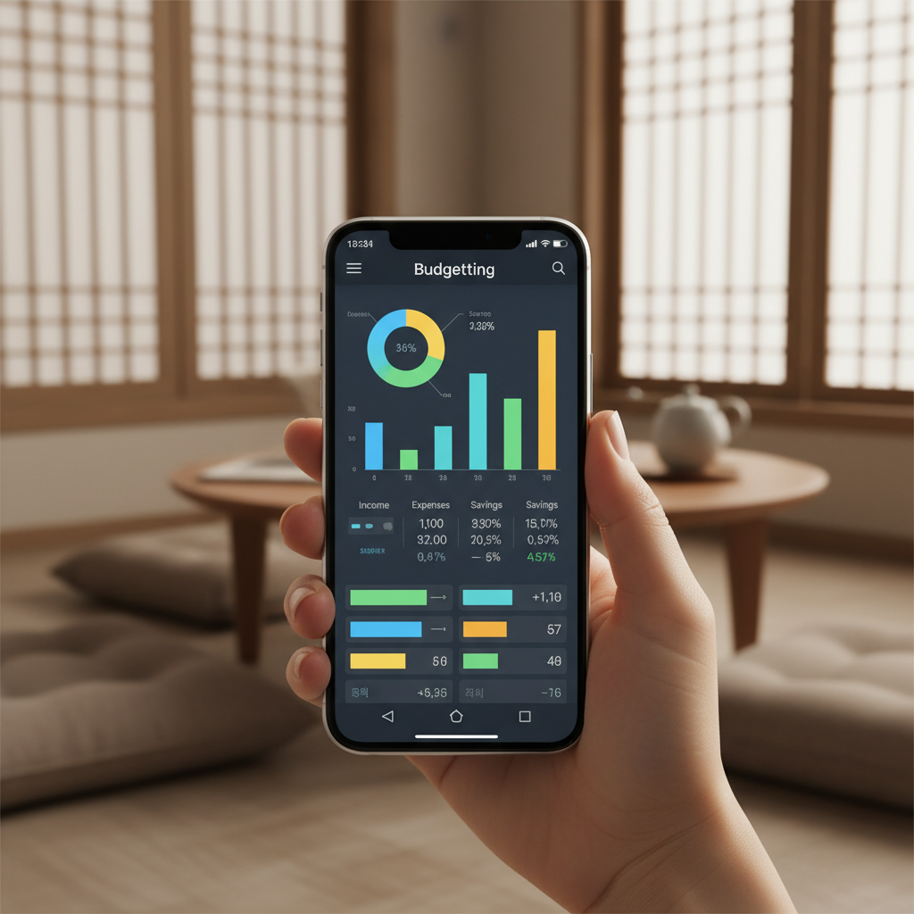 A close up of a hand holding a smartphone showing a colorful budgeting app screen with charts and numbers, cozy room background, modern layout, Korean setting, no text