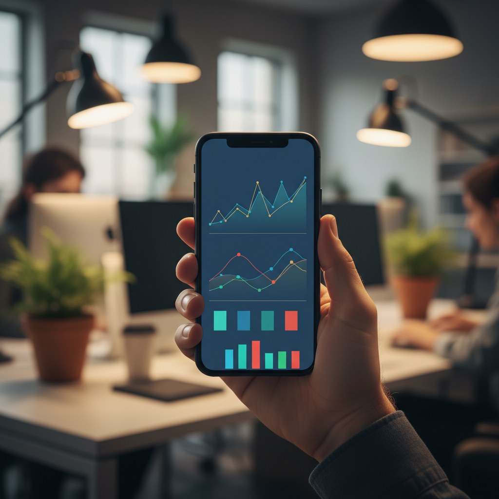 A close up of a hand holding a smartphone displaying a clean financial trading app interface with charts, office background with soft bokeh, warm interior lighting, professional atmosphere, no text