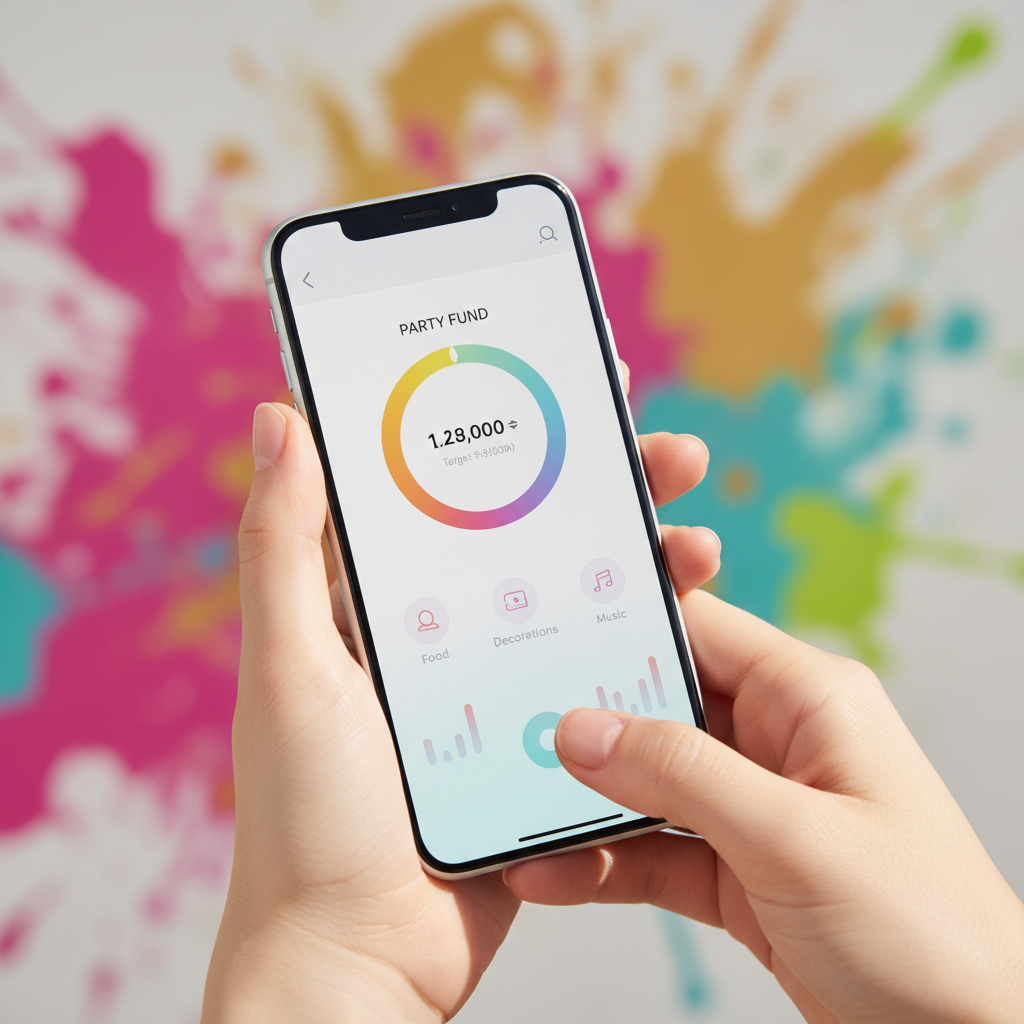 Close up of a person using a sleek mobile banking app on a smartphone, showing a savings goal for a party fund, Korean hands, modern minimalist interface, bright lighting, colorful background, no text