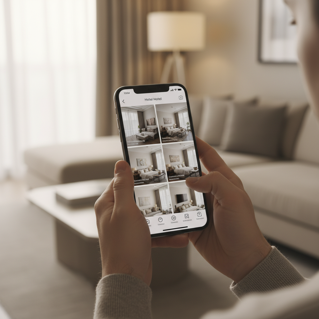 Close up of a person using a mobile travel app with beautiful room listings, modern living room background, clean interface, soft lighting, no text