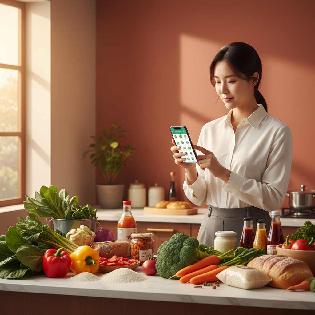 A Korean person looking at a grocery delivery app on a smartphone in a modern kitchen filled with fresh vegetables and groceries, lifestyle photography, warm lighting, rich colored background, no text