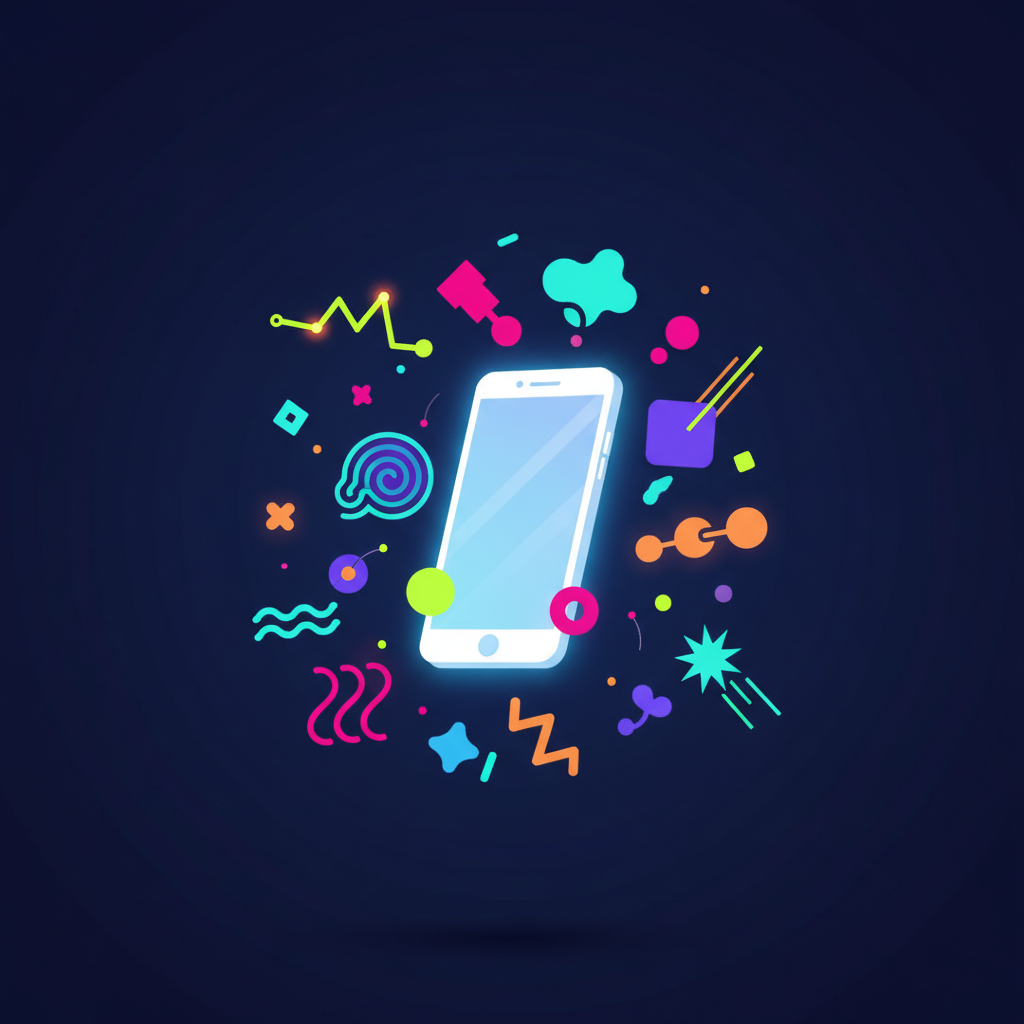 A creative infographic showing a smartphone with various modern Korean slang words (represented by abstract shapes or icons, no actual text) floating around it, illustrating the concept of popular new words. Clean infographic, modern layout, high contrast. No text.