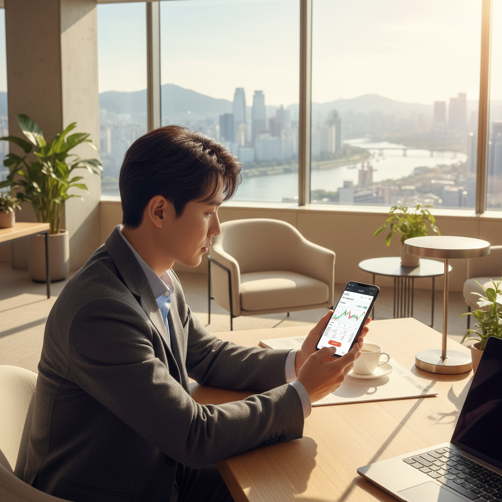 A Korean person looking at a professional stock trading app on a smartphone in a stylish modern office with a city view, bright natural lighting, warm color palette, no text