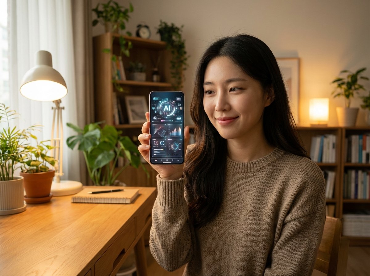 A person of Korean appearance holding a modern smartphone showing a sophisticated AI interface, warm lifestyle lighting, comfortable home office background, natural setting, no text, 4:3