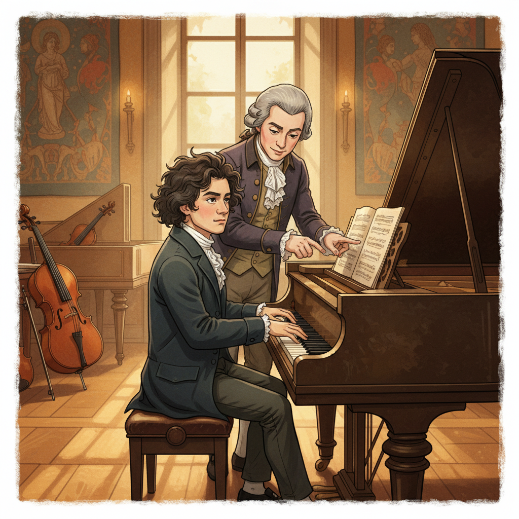 A youthful Beethoven sitting at a piano, with a slightly older Mozart standing beside him, gently guiding his hands or pointing to sheet music. The room is filled with classical instruments and warm, natural light. Illustration, artistic rendering, textured background, no visible text in image. If UI elements needed, English-only minimal text. Never use Korean characters. Style: illustration, artistic rendering, textured background. Background: colored/gradient/textured background, minimal empty space, frame full. Lighting: Bright, balanced lighting. No sexual/criminal/horror/child content. People: Korean appearance, natural expression. Composition: Centered focus, visually rich, no empty margins.