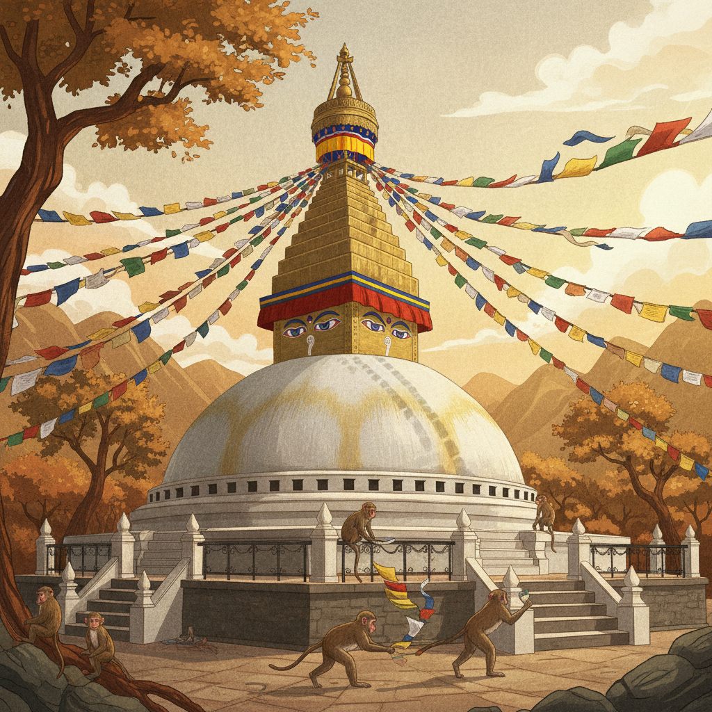 An artistic rendering of the Swayambhunath Stupa with the iconic Buddha eyes painted on its dome, surrounded by vibrant prayer flags fluttering in the wind. Several playful monkeys are depicted near the stupa. The background features a textured, spiritual setting with warm, golden light. Illustration, artistic rendering, textured background. No visible text.
