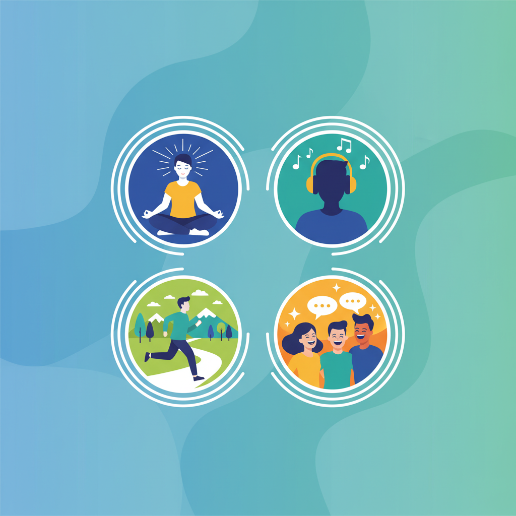 A vibrant infographic illustrating various stress-relief activities: a person meditating, another listening to music with headphones, someone jogging outdoors, and a group of friends laughing. The background is a calming gradient. Style: clean infographic, modern layout, high contrast. No visible text in image.