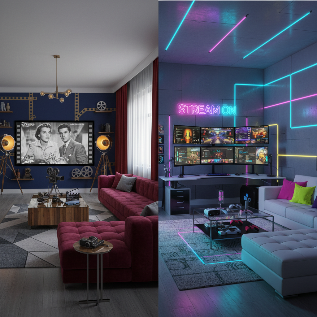 Two modern living rooms side by side, one with a movie studio theme and another with a tech streaming theme, vibrant colors, rich textures, no text, 4:3