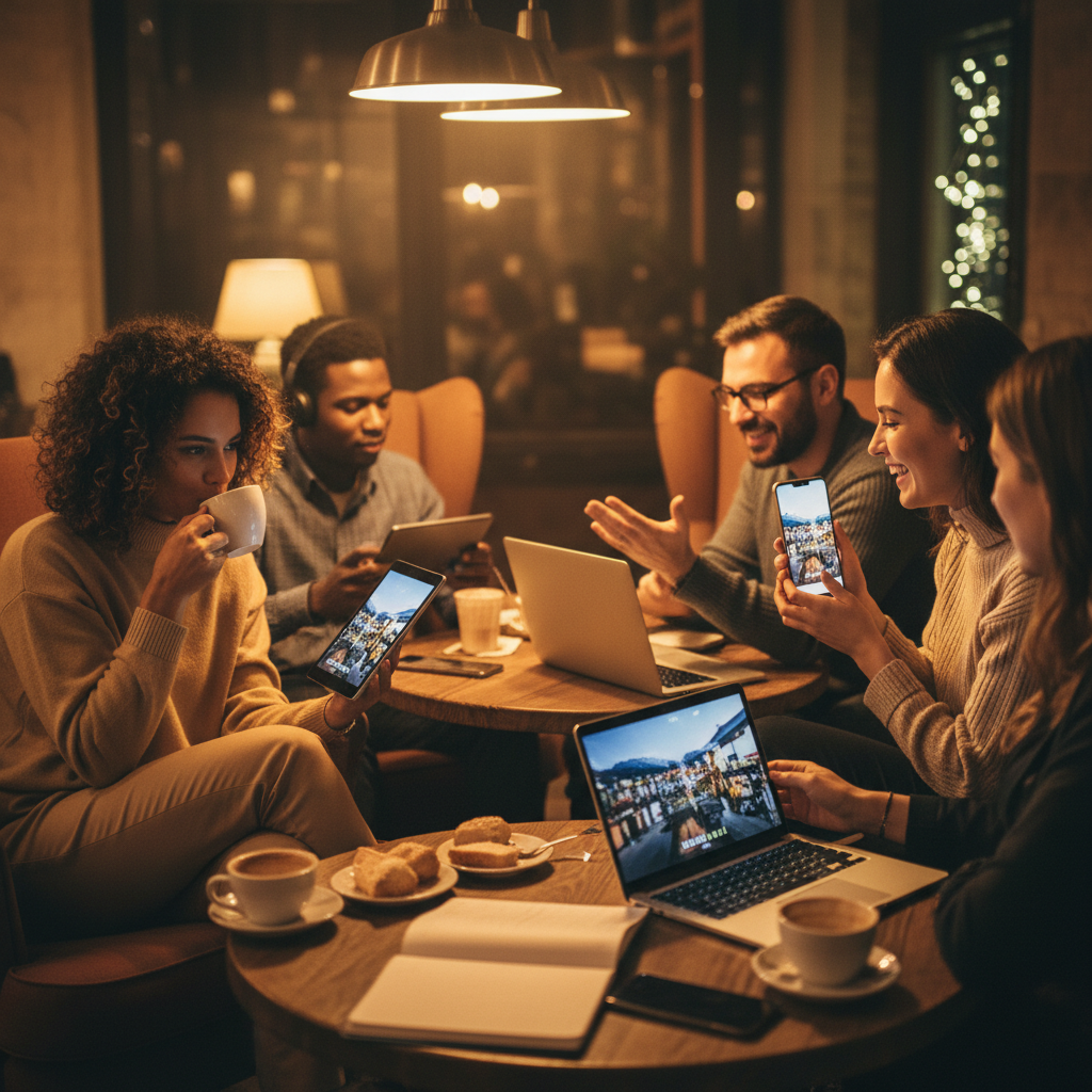 Diverse group of people in a cozy cafe watching a high-quality cinematic event on their mobile phones and laptops with warm lighting high-end lifestyle photography and no text