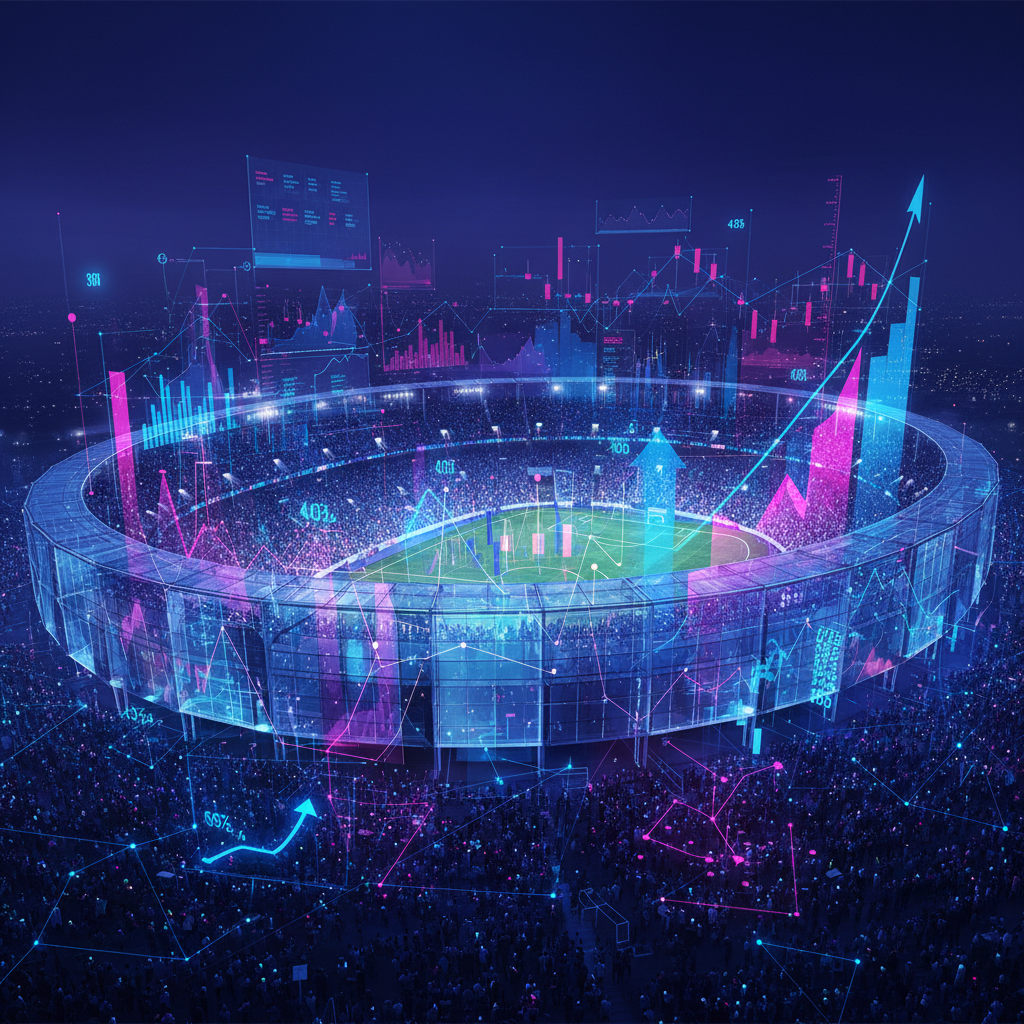 A wide shot of a modern sports stadium with digital data overlays representing market trends, high contrast, clean infographic style, rich blue and purple background, no text