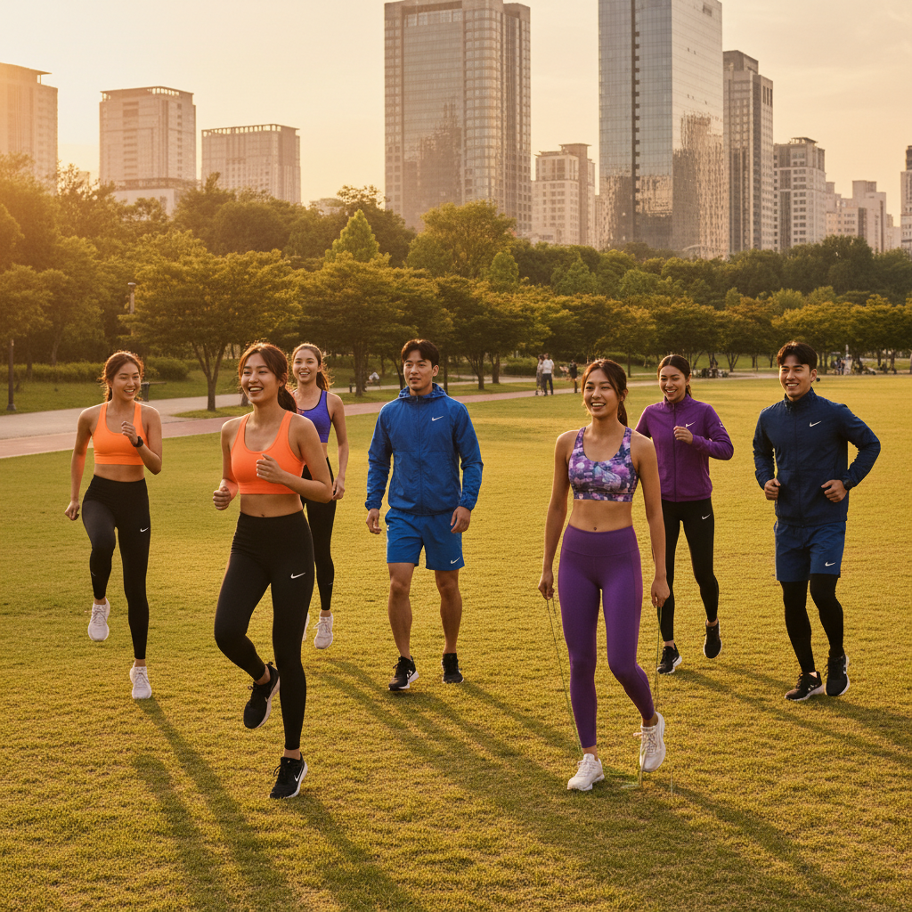 Group of energetic Korean people exercising in a city park, wearing stylish Nike activewear, sunset golden hour lighting, dynamic composition, natural expressions, vivid colors
