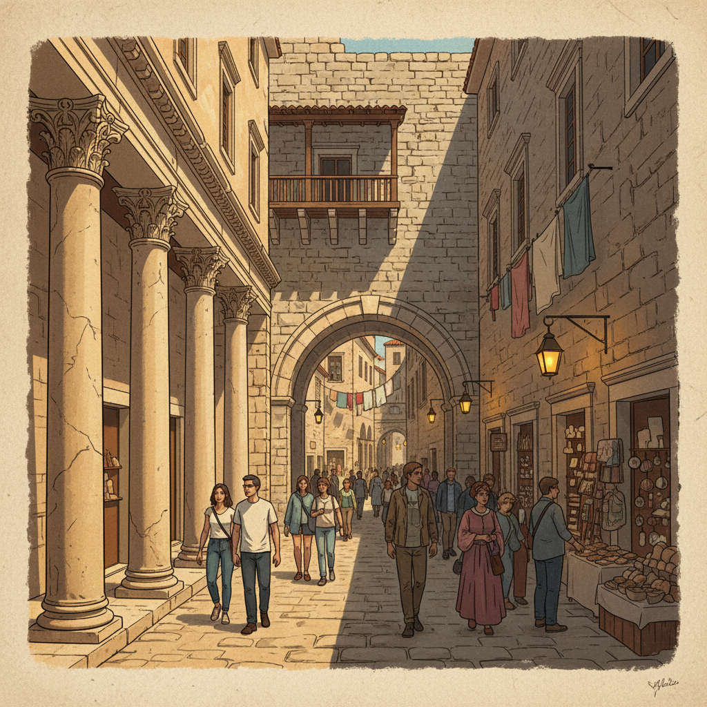 Illustration of a narrow, historic alleyway within Split's Diocletian's Palace, showing ancient Roman architecture mixed with medieval buildings. People walking through, vibrant atmosphere, warm lighting. Textured background, no text.