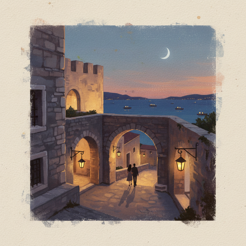 Artistic rendering of Diocletian's Palace in Split at dusk, with soft, warm artificial lights illuminating the ancient stone walls and arches. Focus on a romantic and historical atmosphere, perhaps a quiet corner or a view from a high point. Textured background, no text.