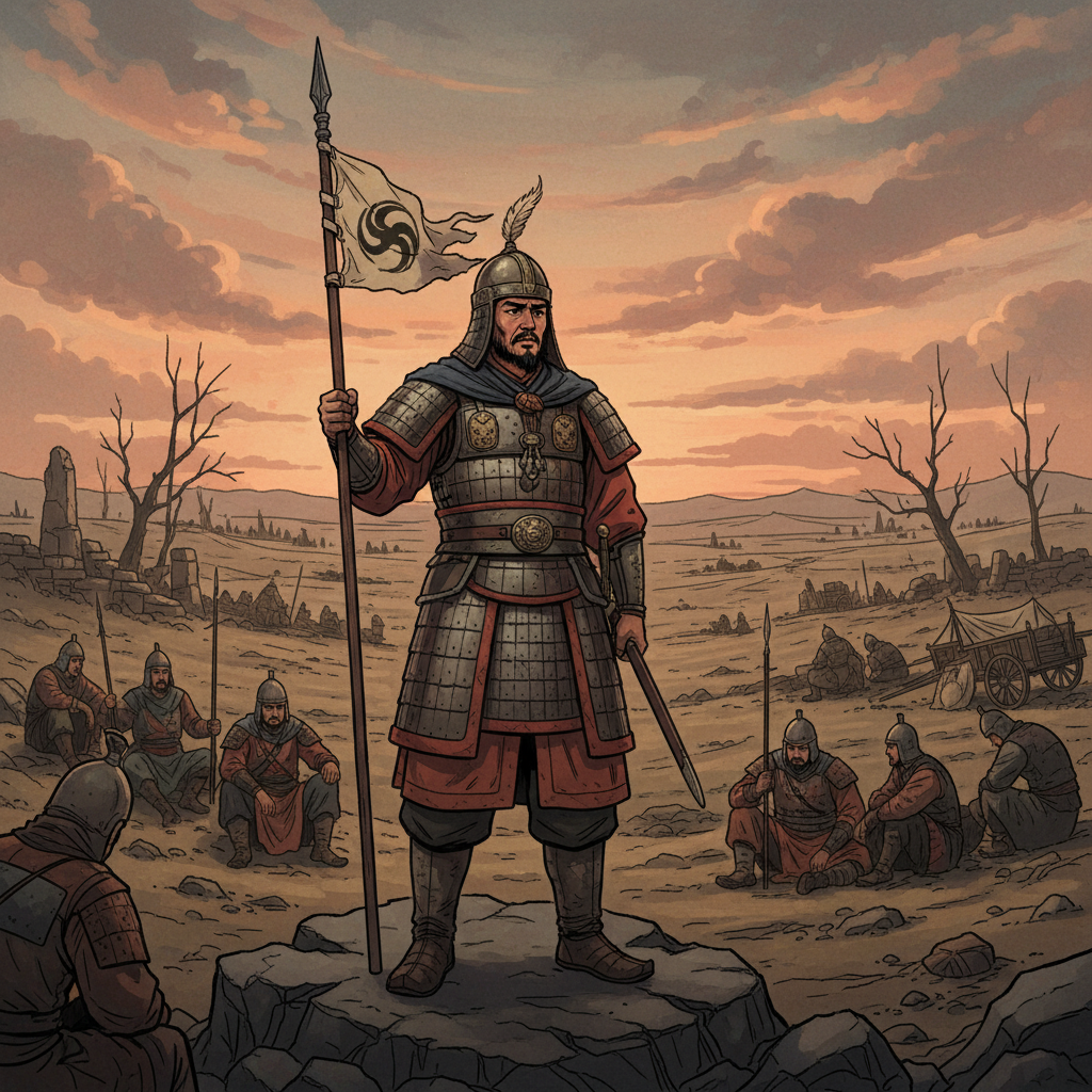 An illustration showing a triumphant Goguryeo general (Eulji Mundeok) looking concerned while standing amidst vast, newly conquered but desolate lands, with weary soldiers in the background. The scene suggests the unexpected challenges of victory and overextension. Style: illustration, artistic rendering, textured background. No visible text, muted colors, centered focus.