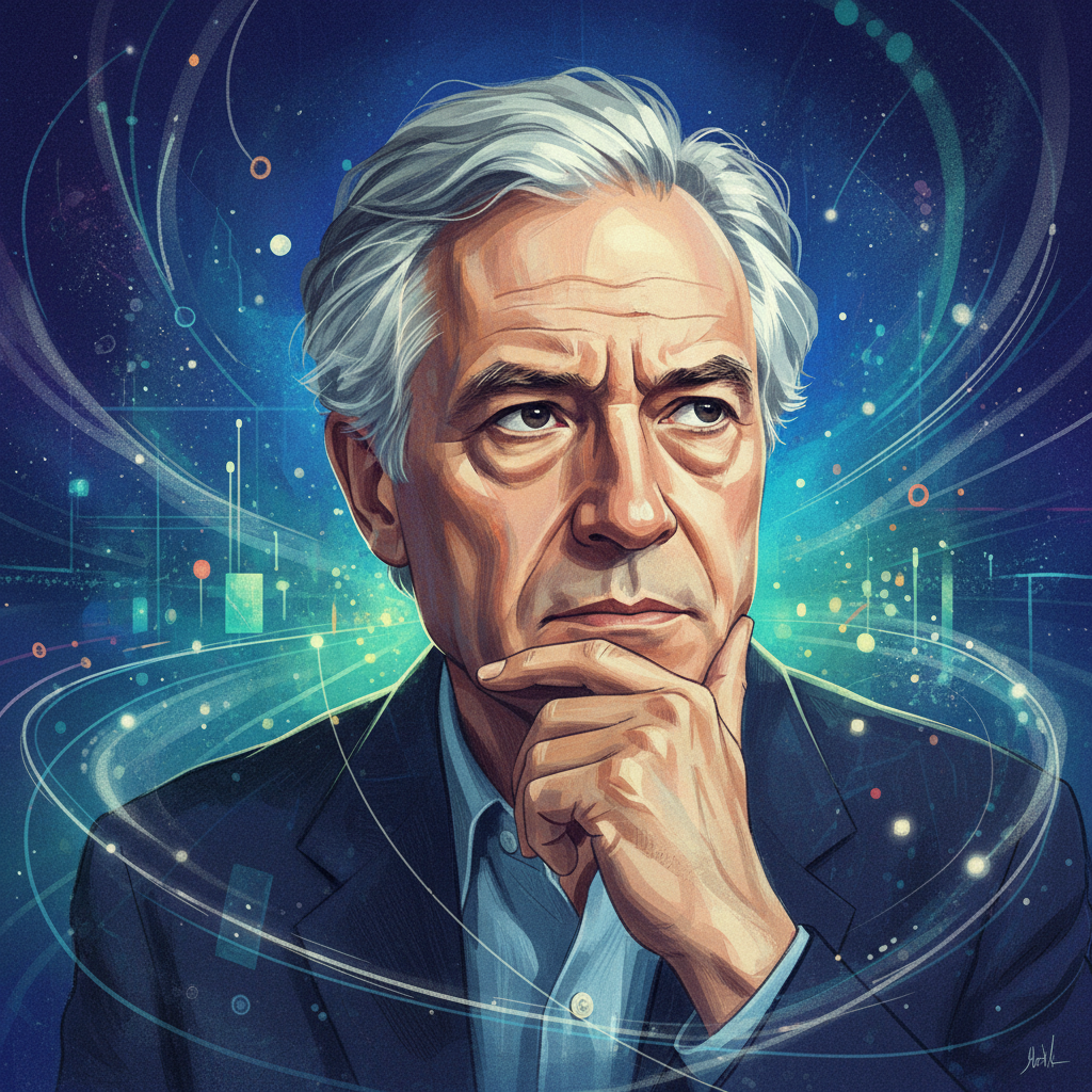 An artistic rendering of Richard Feynman, looking thoughtful, with quantum particles and futuristic technology subtly integrated into the background. Style: illustration, artistic rendering, textured background. No visible text, Korean appearance, natural expression, centered focus.