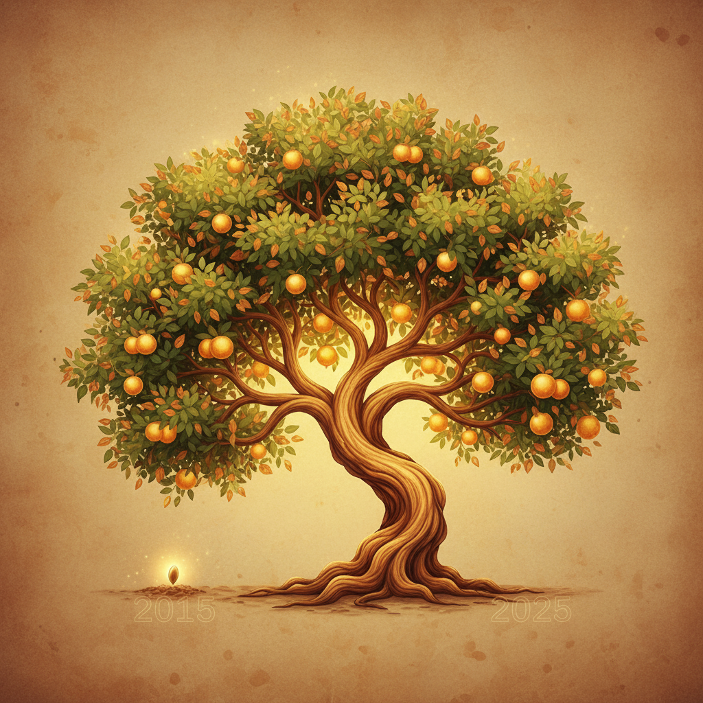 A symbolic representation of long-term investment growth. Imagine a single seed planted in 2015, slowly growing into a robust, vibrant tree by 2025. The tree has many branches, some bearing small golden fruits, representing returns. Style: artistic illustration, warm lighting, textured background. No visible text in image. No numbers or graphs. Centered composition.