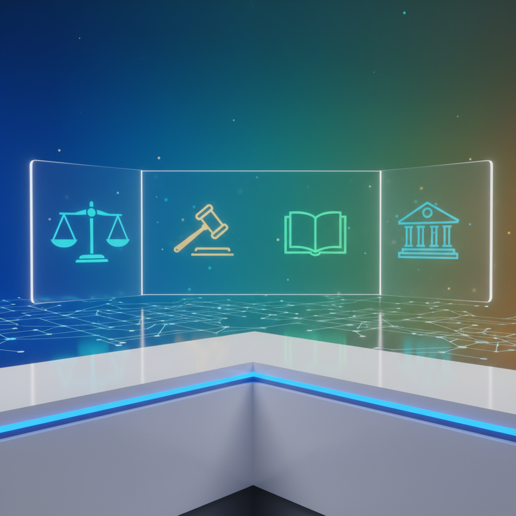 Modern news desk with blurred screens showing legal icons, clean infographic style, colored background, no text