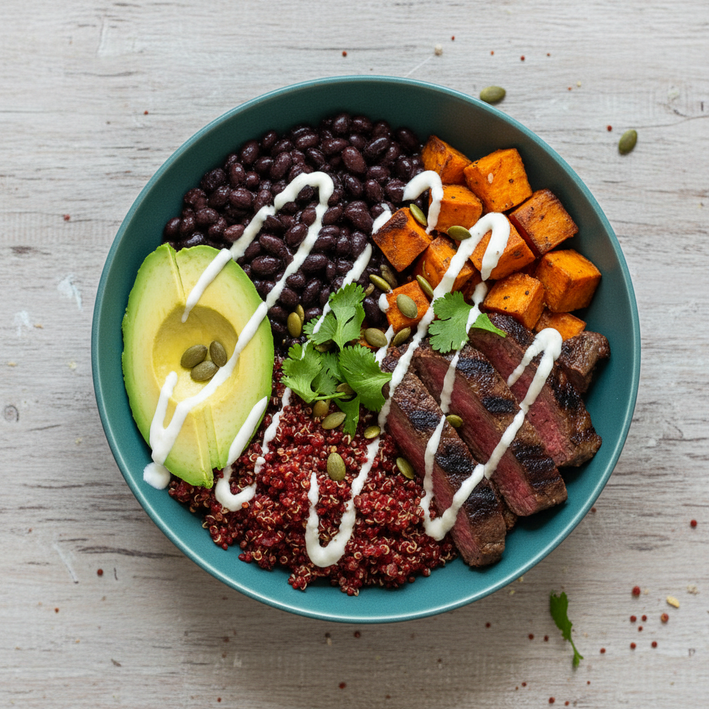 A top-down view of a colorful high protein bowl with avocado black beans and grilled meat, modern aesthetic, vibrant ingredients, textured wooden table background, high resolution, no text