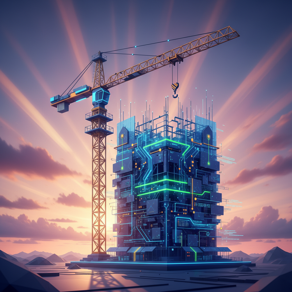 A stylized construction crane working on a digital-themed building structure, sunrise background with orange and purple gradients, 3D rendering style, vibrant and energetic composition, no text