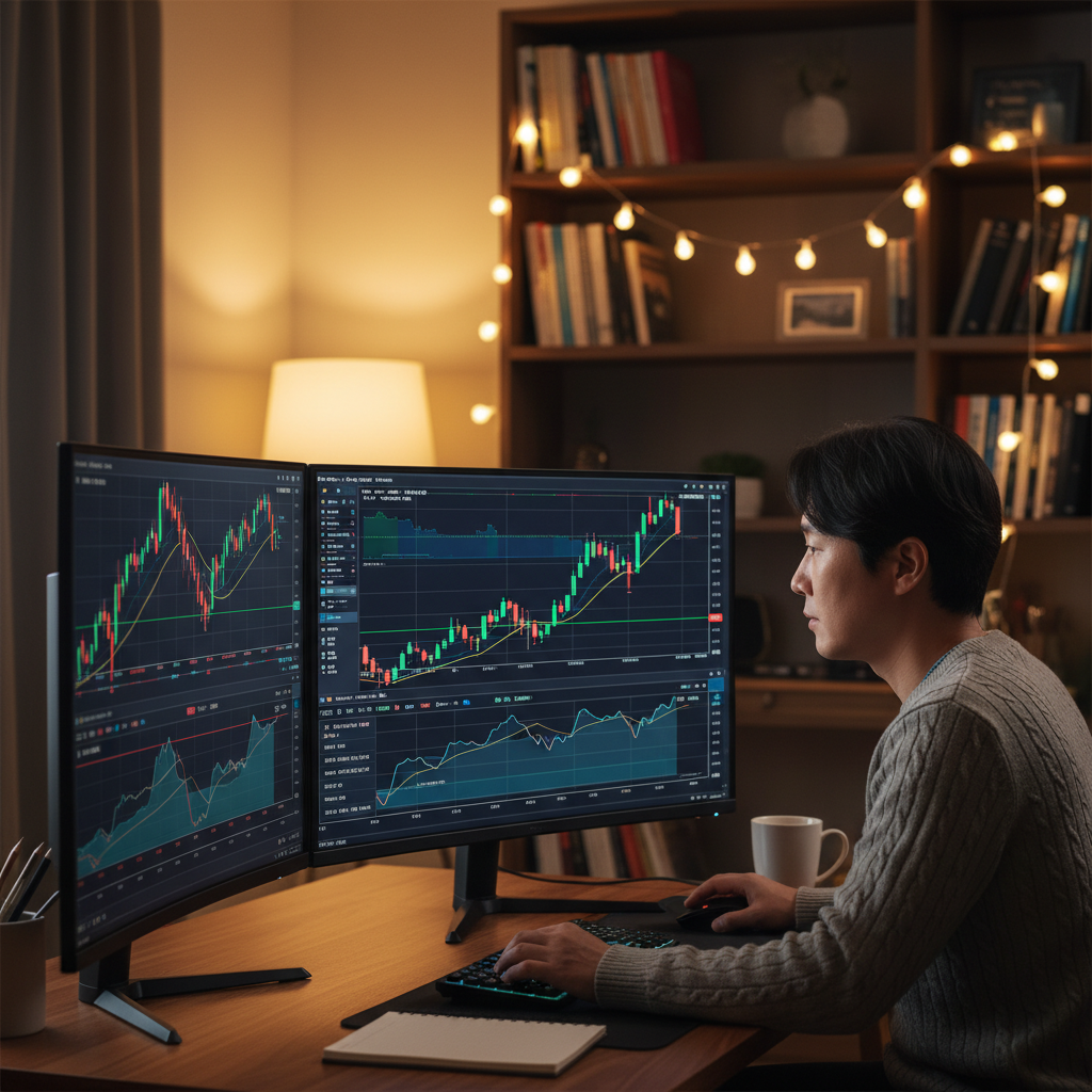 A professional person analyzing real-time stock market charts on multiple screens, cozy home office background, warm lighting, focus on digital displays, high contrast, Korean appearance, no text