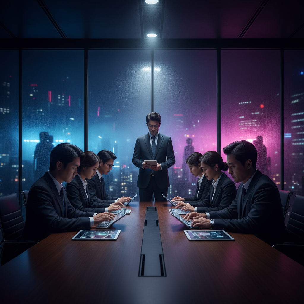 A serious business meeting in a modern glass-walled office, professional individuals discussing over tablets, high contrast, cinematic lighting, Korean appearance, colored background, no text