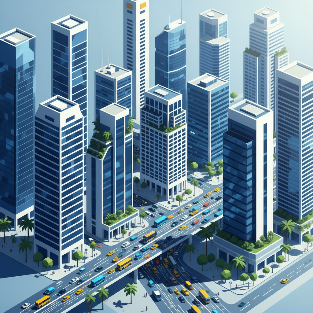 A bustling financial district in Singapore with modern skyscrapers and clean streets, bright daylight, high contrast infographic style, no text