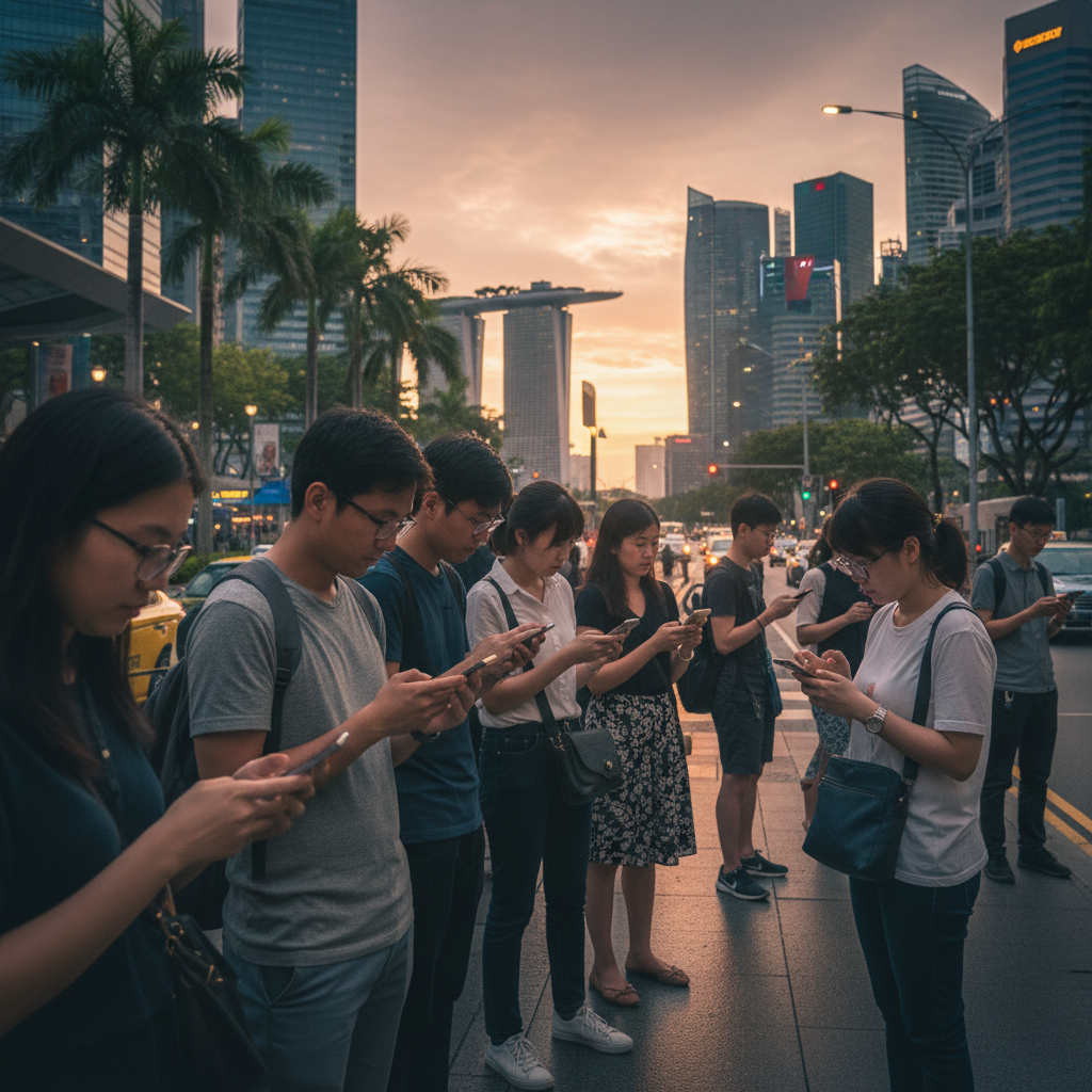 A diverse group of people in Singapore waiting for taxis and using smartphones for ride-hailing, vibrant city background, warm lighting, Korean appearance focus, no text