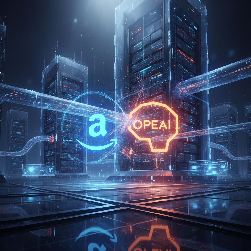 Concept art of Amazon and OpenAI technology partnership, glowing blue and orange lights, high tech data center background, modern layout, no text