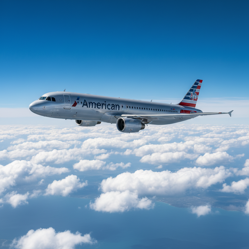A sleek American Airlines Airbus A321XLR flying through a clear blue sky above clouds modern aviation photography high resolution rich colors