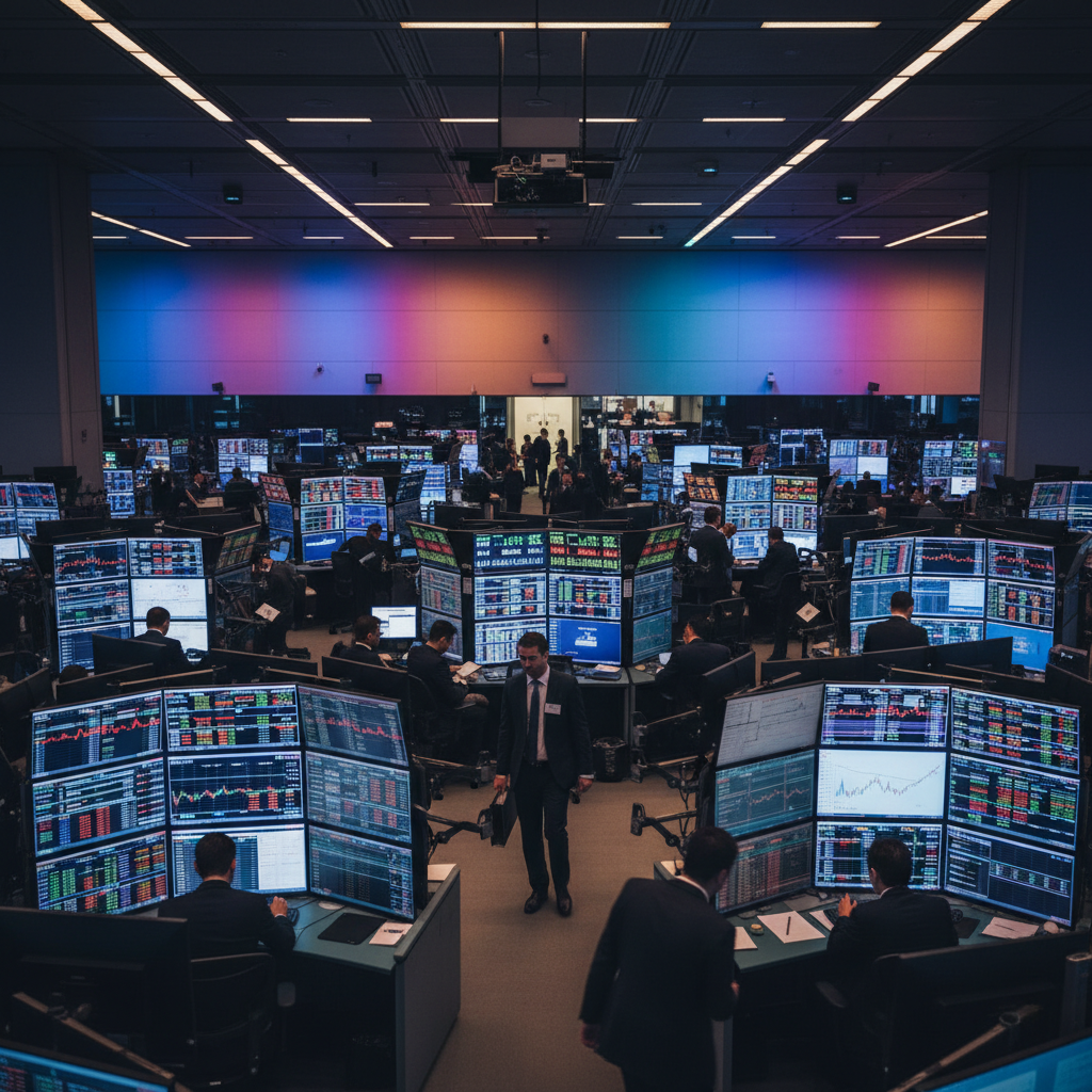 A bustling modern stock exchange trading floor in Asia with professional traders monitoring multiple glowing screens, high contrast, warm interior lighting, colored background, no text