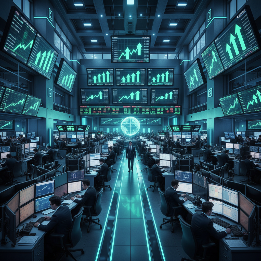 A busy modern stock exchange trading floor in Asia with large digital screens showing green upward arrows, professional traders in suits, high-tech atmosphere, vibrant lighting, Korean financial district setting, no text