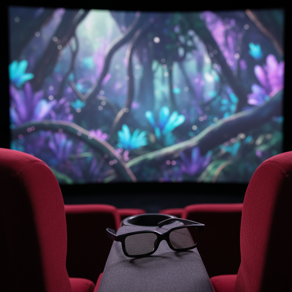 A pair of high-quality 3D glasses sitting on a cinema seat armrest, blurry background of a large IMAX screen showing bioluminescent plants, cinematic lighting, purple and teal tones, no text