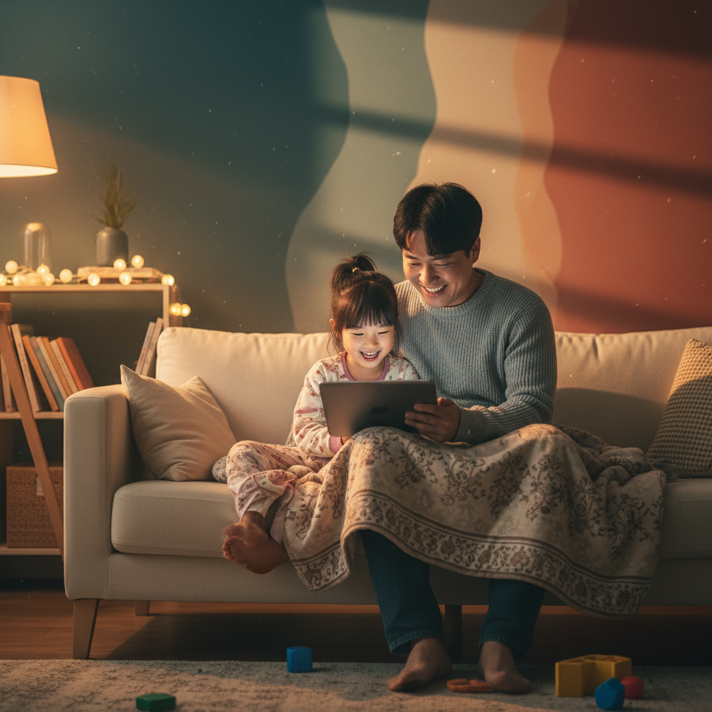 A Korean father and child looking at a digital tablet together, smiling, cozy home environment, soft warm lighting, colored background, no text