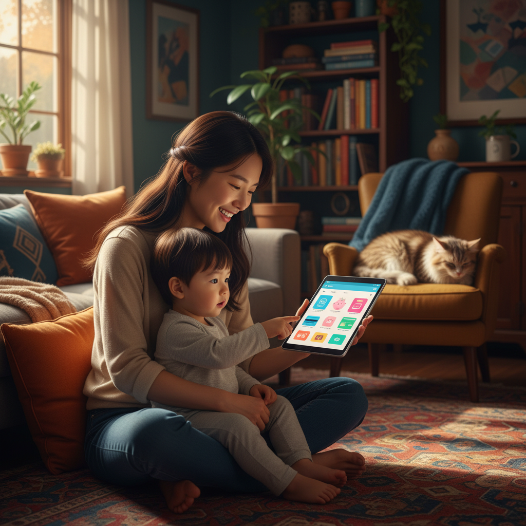 A young Korean mother showing a digital banking app to her child in a cozy living room, warm lighting, lifestyle photography, high contrast, rich colored background, no text