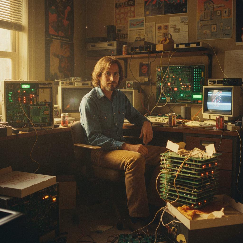 A young Steve Jobs in the 1970s Atari office, surrounded by vintage computer parts and circuit boards, retro interior, warm film photography style, creative atmosphere, no text