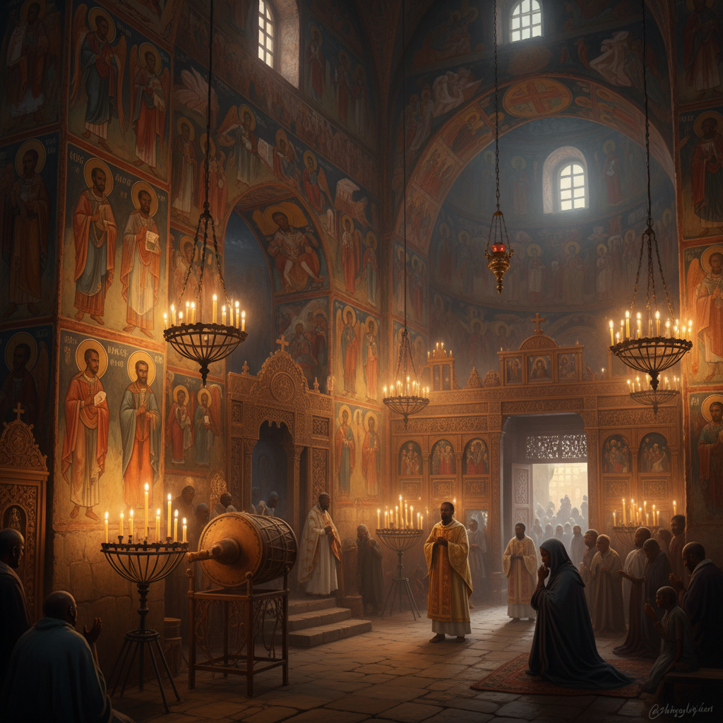 Interior of an ancient Ethiopian Orthodox church in Aksum, warm candle lighting, religious murals on the walls, artistic rendering, rich cultural atmosphere, 4:3 aspect ratio, no text