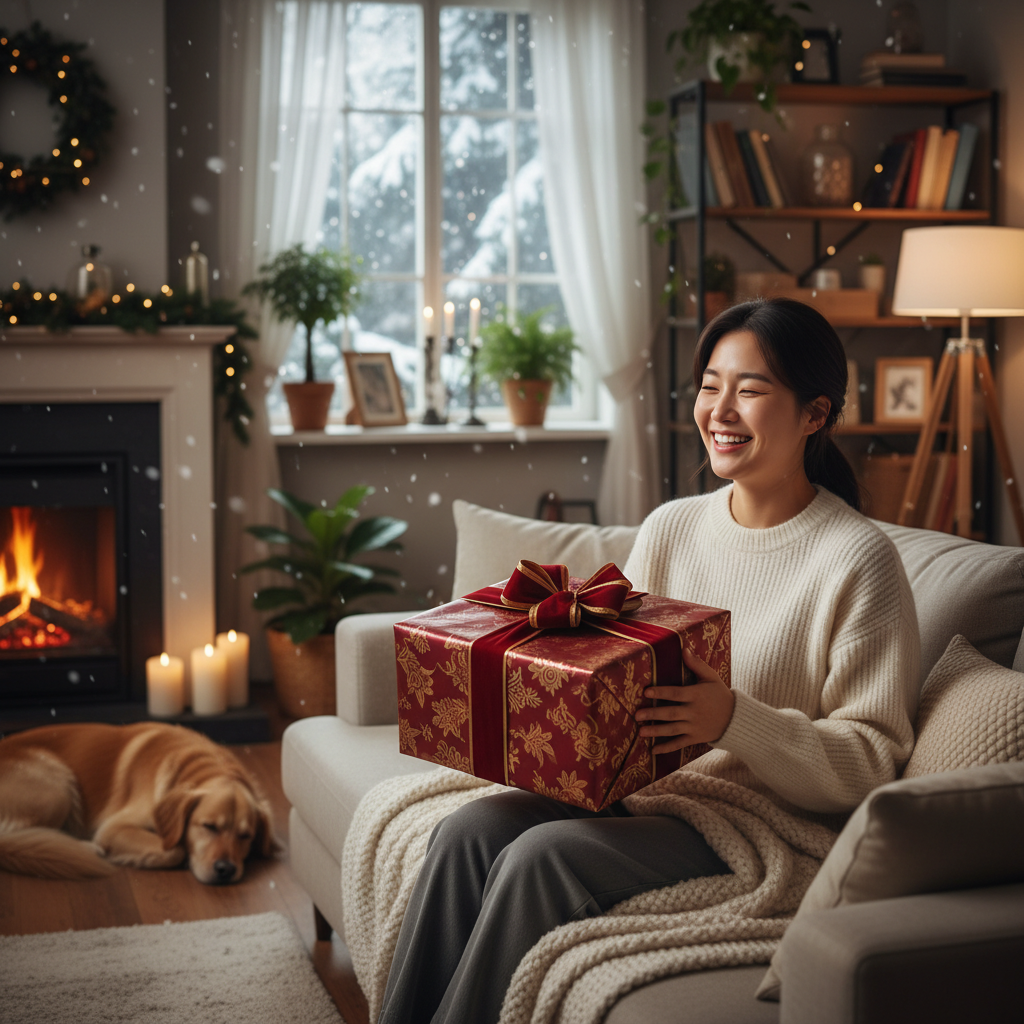 A happy person holding a valuable gift box with a relieved expression, cozy living room background, warm lighting, Korean appearance, lifestyle photography, no text